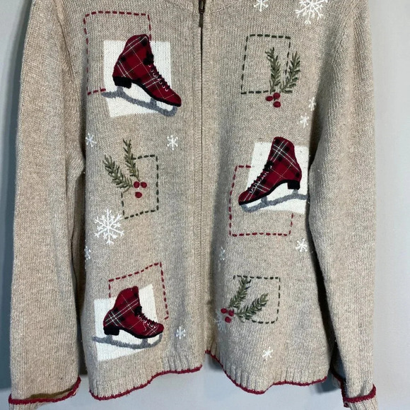 Vtg Croft & Barrow Ice Skating Christmas Wool Angora Full Zip Sweater Women's L - Picture 8 of 15